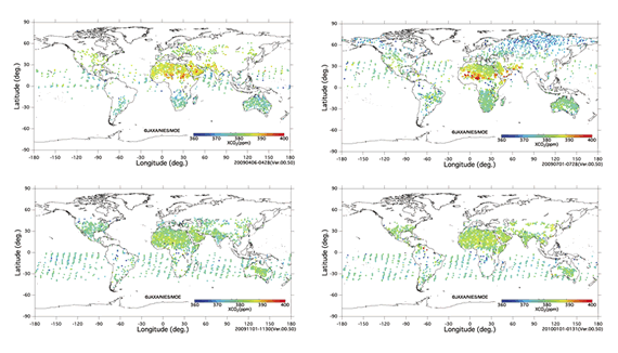 Figure 1: Monthly global maps of the CO2 column-averaged volume mixing ratio in 1.5 deg. by 1.5 deg. mesh.