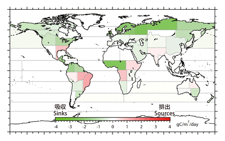 図3 GOSATのXCO2データおよび地上測定値の将来予測データを用いて推定された、全球64の亜大陸領域における二酸化炭素収支の暫定値（2009年8月の例）