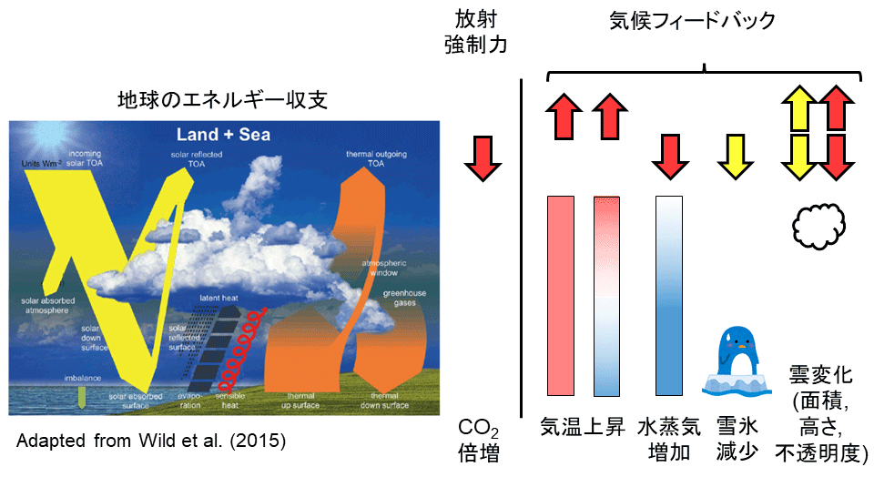 図3 地表の気温はどのように決まるか? 地表は、太陽からの短波放射で加熱、宇宙への赤外放射で冷却される。加熱=冷却なら気温は安定、加熱>冷却なら温暖化。(地球のエネルギー収支の単位は全球・年平均, W/m2)