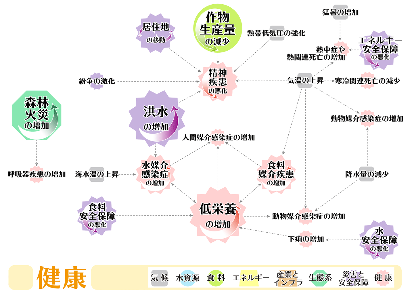 図3 健康部門に関わる気候変動リスク連鎖のネットワーク図。Yokohata et al., 2019*3のデータを利用して作図した。7部門のすべてのネットワーク図とフローチャート図は*4から入手可能。