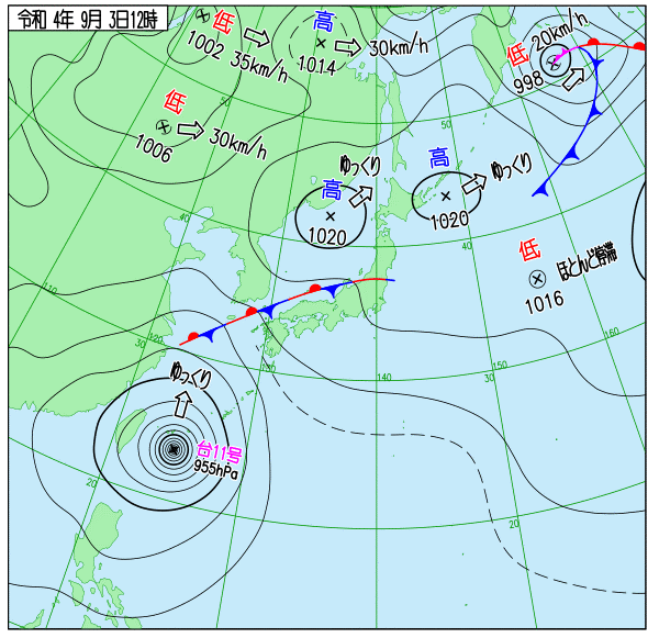 図1 2022年9月3日の天気図(気象庁ホームページより:https://www.data.jma.go.jp/fcd/yoho/wxchart/quickdaily.html?show=20220903)。台風の目の少し左上あたりが波照間島。