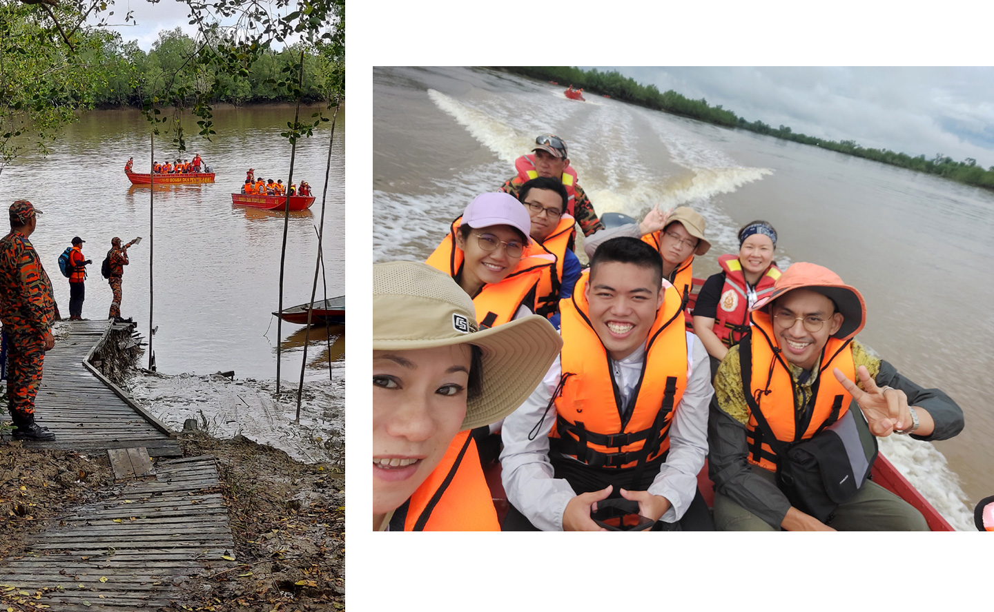 写真2 Batang Luoar Riverを渡る。グループに分かれてボートで移動。
