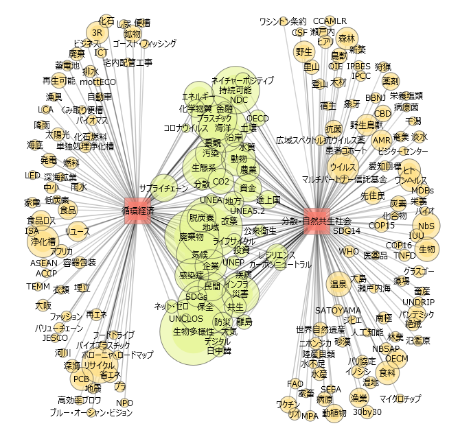 図6 図4と同様に、循環経済と分散自然共生社会に関連するテキストを利用して作成したネットワーク図。循環経済・分散自然共生社会のそれぞれの分野に関連する用語を黄色で、両分野に関連する用語を緑で示している。
