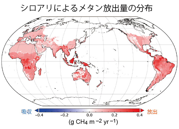 図2 推定された近年のシロアリによるメタン放出量の分布。