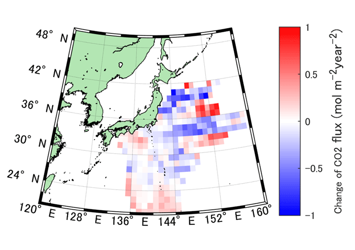 図2 黒潮大蛇行時にCO2吸収量が変化した海域(青:吸収量増加 赤:吸収量低下)。