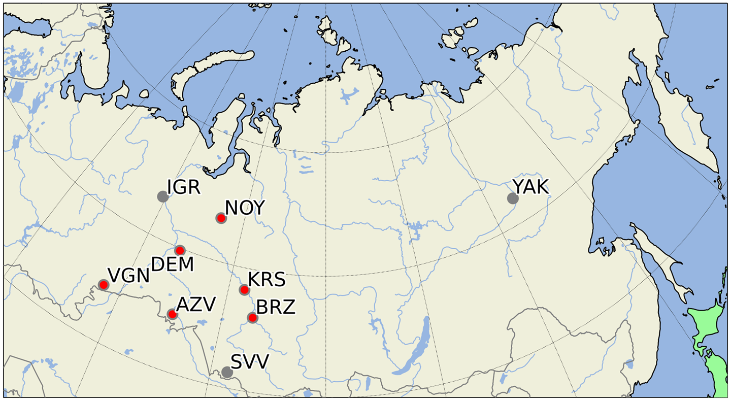 図1　国立環境研究所がシベリアで実施しているタワー観測網（JR-STATION）。灰色は観測を終了したサイト。