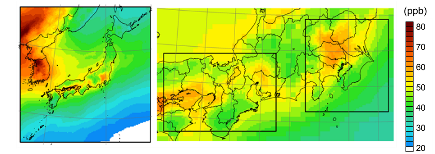 図2 2015年の夏(6~8月)におけるオゾン濃度計算値(日最大8時間値)の水平分布