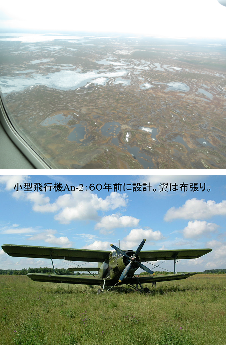 写真上：シベリアの湿地帯、写真下：小型飛行機An-2