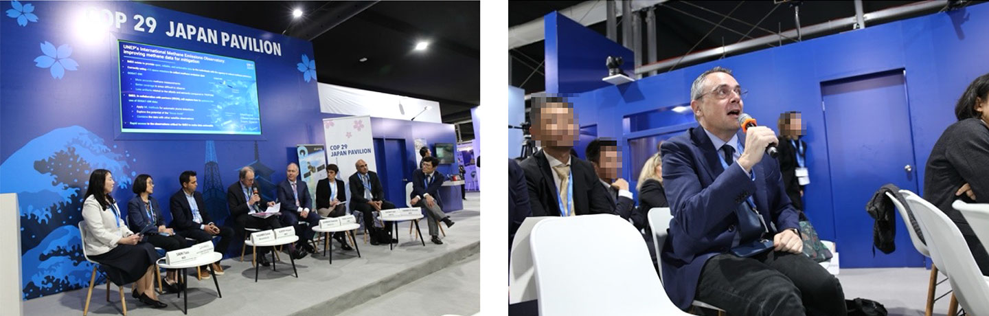 写真左: パネルディスカッションのメンバー(左から): 佐伯主任研究員、斉川英里氏、Daniel Kashmir氏、Roland Kupers氏、Stephane Germain氏、Laurence Rouil氏、Prabir Patra氏、谷本副領域長。写真右: 質問するWMOのGianpaolo Balsamo氏。(写真提供:川尻麻美/NIES)
