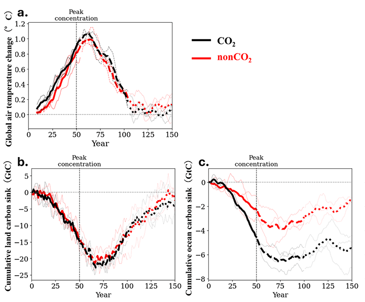 Figure 2. In this study, the concentrations of CO2 and non-CO2 greenhouse gases are increased from year 1 to year 50 (greenhouse gas concentration ramp-up period, solid lines), decreased from year 51 to year 100 (greenhouse gas concentration ramp-down period, dashed lines), and stabilized at a constant value from year 101 to year 150 (stabilisation period, dotted lines). The CO2 and non-CO2 greenhouse gas concentrations given in the simulation are adjusted to preindustrial concentrations at the start of the experiment and in the stabilisation period. The figure shows global (a) mean surface air temperature change induced by radiative forcing of CO2 and non-CO2 greenhouse gases (°C), cumulative carbon sink (GtC) over (b) land and (c) ocean, induced by the CO2 (black) and non-CO2 (red) concentration changes. The panels b and c of Figure 2 show the effect of temperature changes on carbon sinks, and a “combined effect,” where both CO2 concentration and temperature changes together affect carbon sinks, while the carbon sink from land CO2 fertilisation effect and ocean solubility pump is not shown.