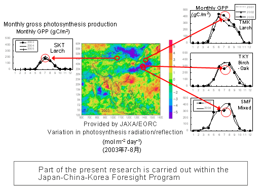 Comparison of the gross photosynthesis production of Asian forests in 2003