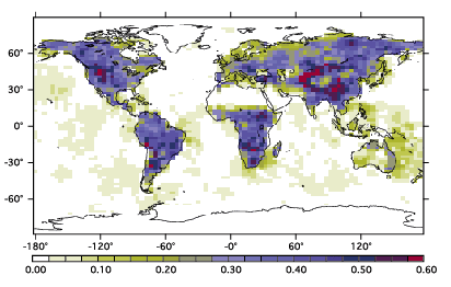 Figure 3: Decrease in uncertainty of CO2 surface fluxes when GOSAT data are used in the inverse analysis