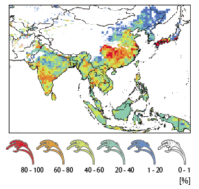 The probabilities of a decrease in rice yields due to climate change