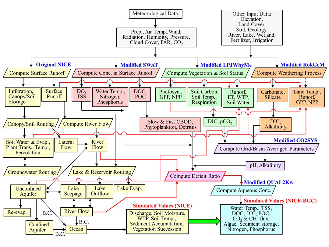fig.1 Flow diagram of new development of eco-hydrologic and biogeochemical coupling model along the terrestrial-aquatic continuum (NICE-BGC). The original NICE was coupled with biogeochemical cycle models such as LPJWHyMe, QUAL2Kw, SWAT, RokGeM, and CO2SYS in this new model.
