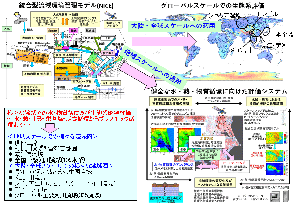 図１　NICEモデル開発を通した地域から全球スケールまでの流域生態系評価。